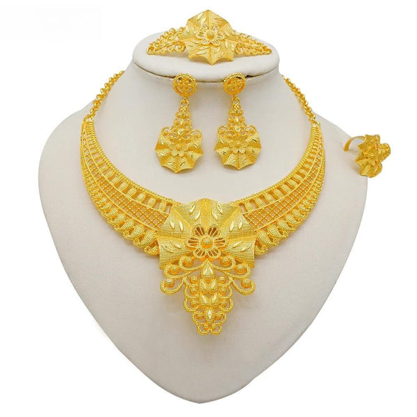 Dubai Arab Gold Color Ethiopia Necklace and Earrings Ring Sets