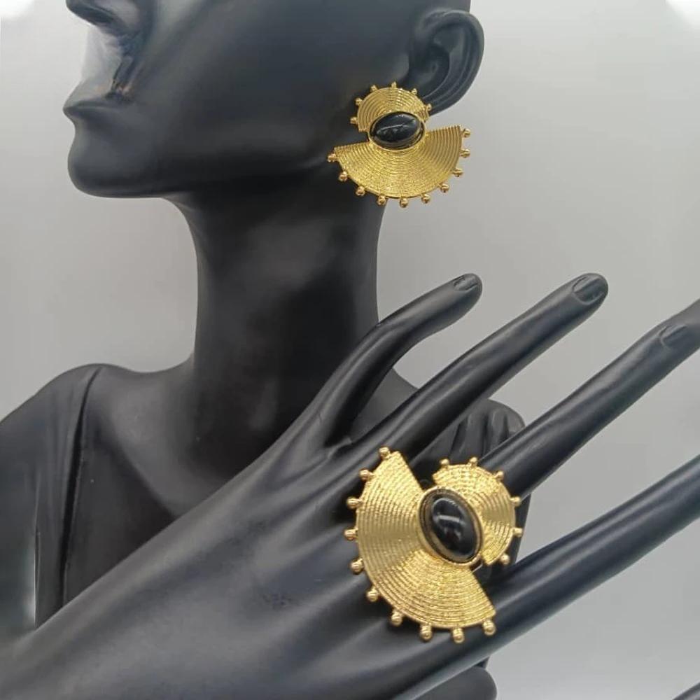 African Gold Color Earrings and Ring Set for Women