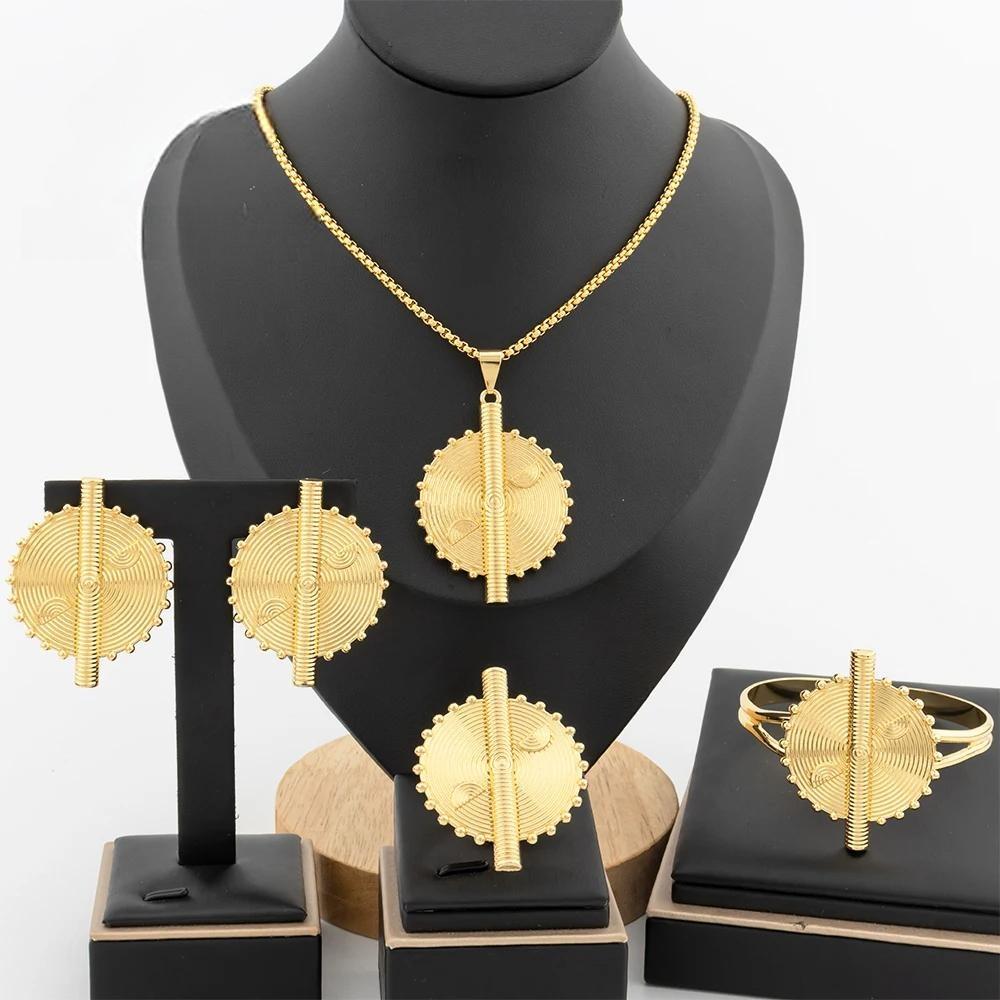 Dubai Gold Color Jewelry Set for Women Geometric Dangle Earrings Necklace Bangles Ring