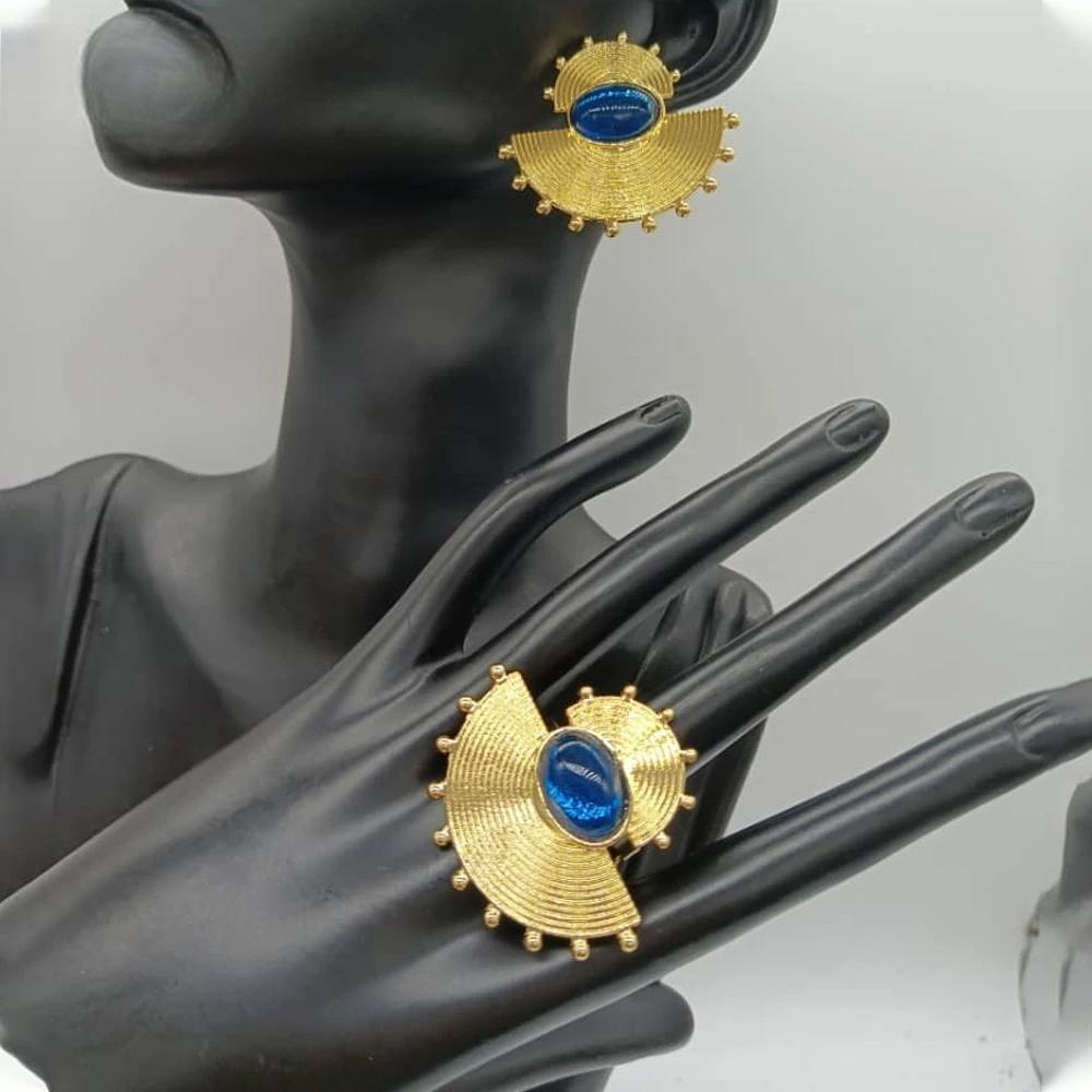 African Gold Color Earrings and Ring Set for Women