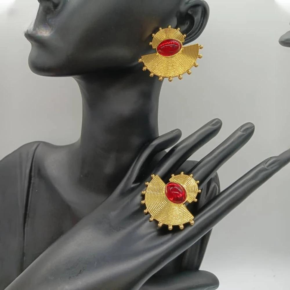 African Gold Color Earrings and Ring Set for Women