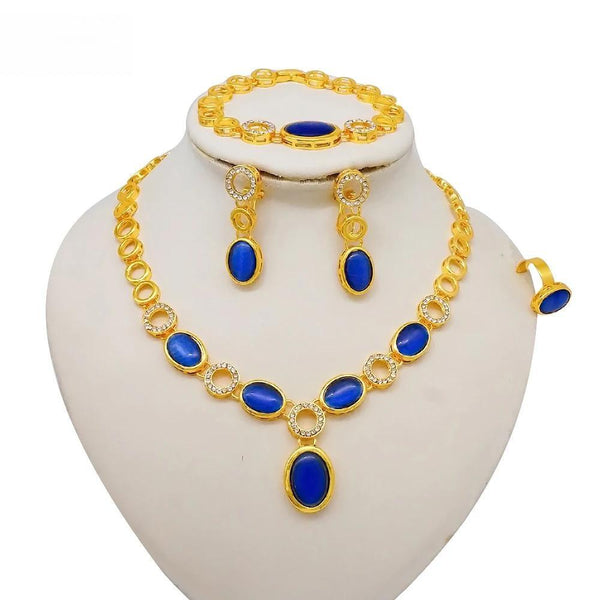 Luxury Dubai Gold Color Round Shape Necklace Drop Crystal Bride Romantic Set