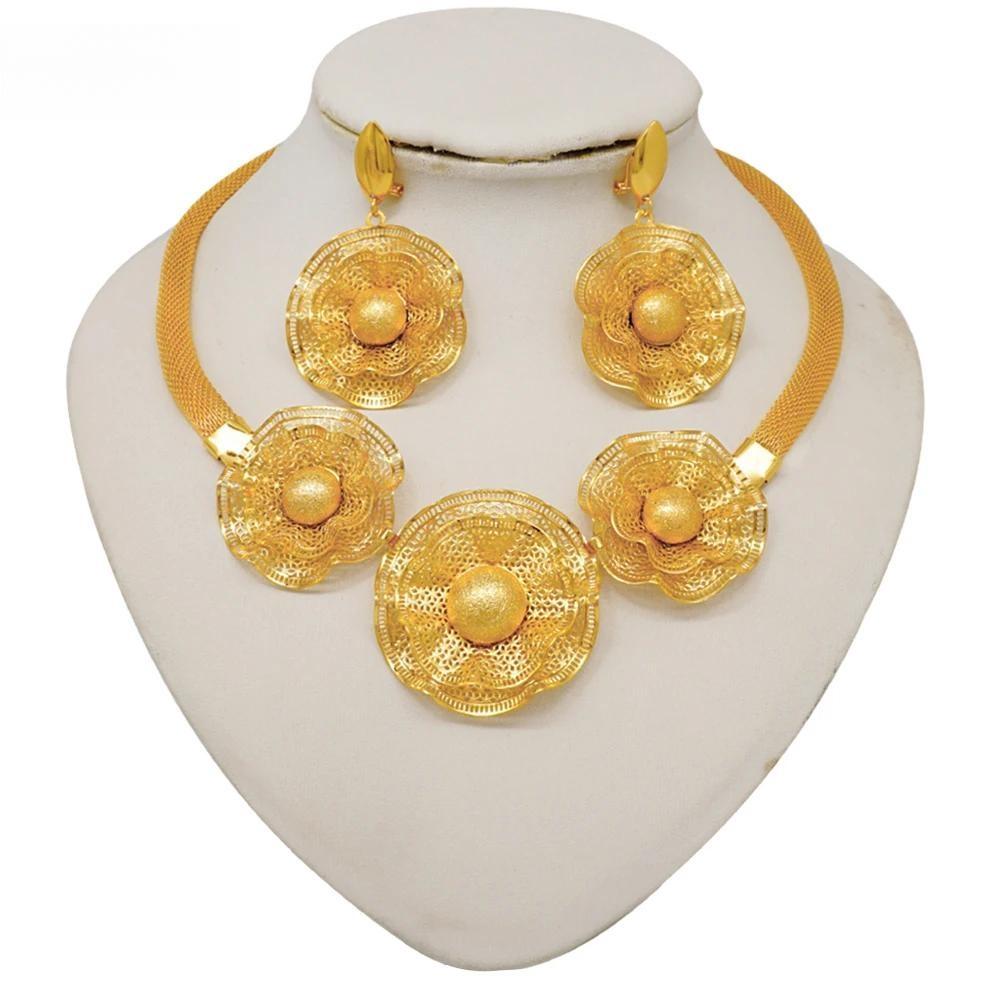 Fine Dubai Big Flower Pendant Indian Necklace&Earring Jewelry Sets For Women