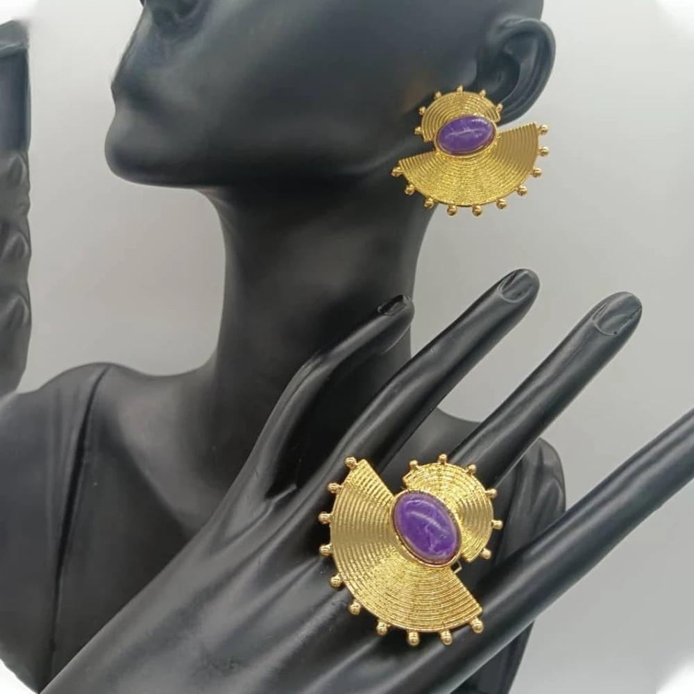 African Gold Color Earrings and Ring Set for Women