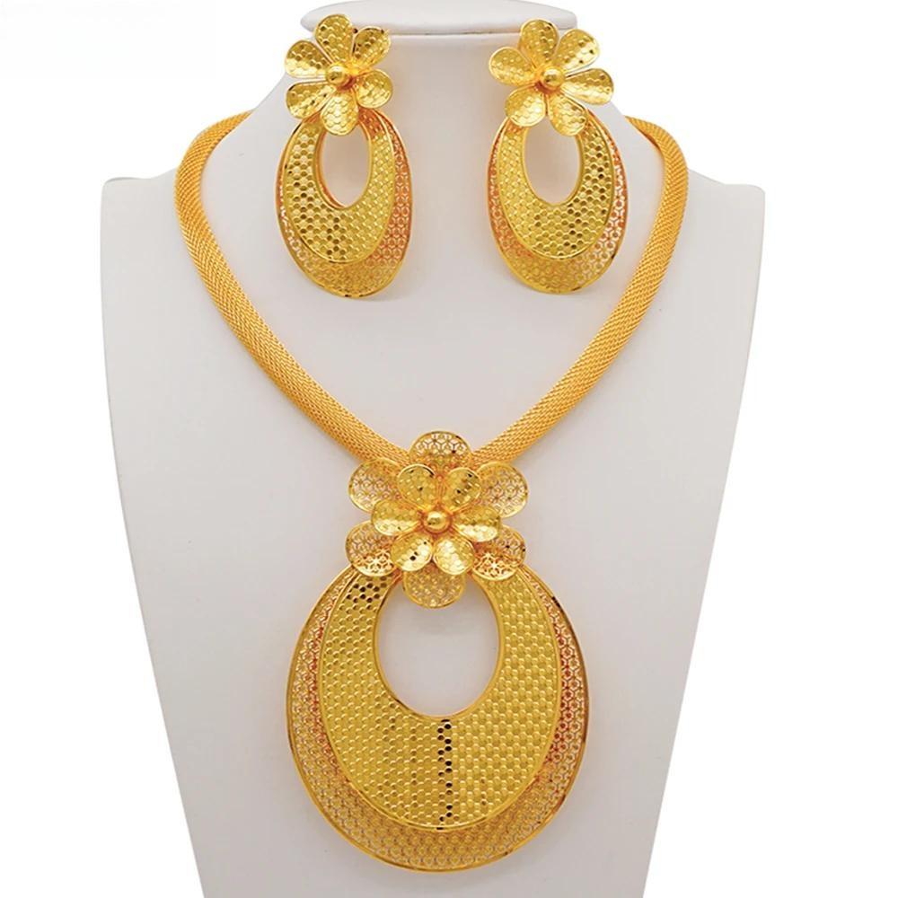 Fine Dubai Big Flower Pendant Indian Necklace&Earring Jewelry Sets For Women