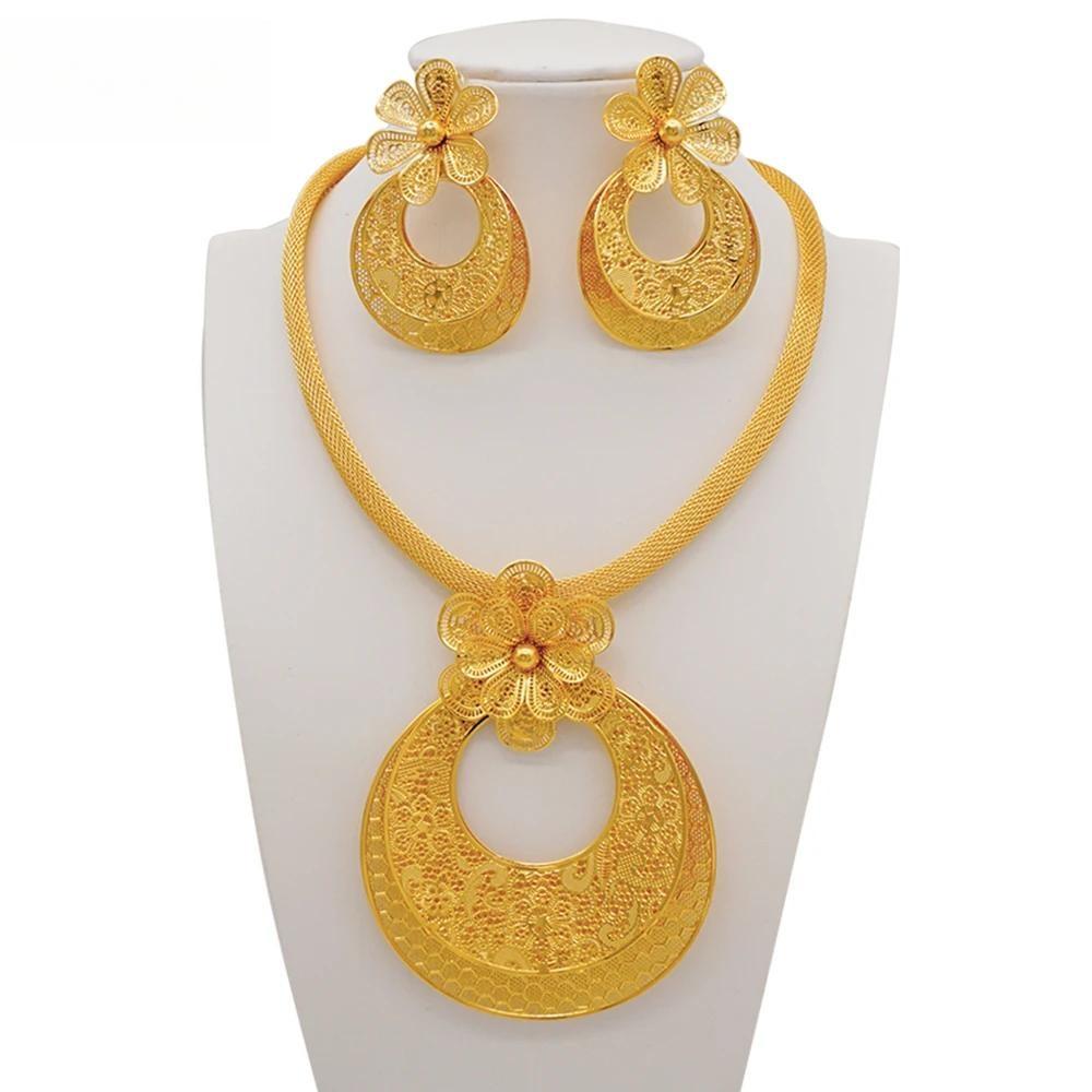 Fine Dubai Big Flower Pendant Indian Necklace&Earring Jewelry Sets For Women