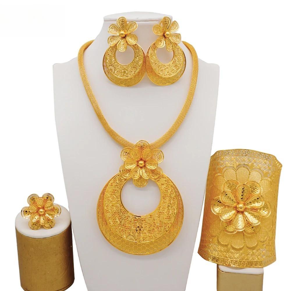 Fine Dubai Big Flower Pendant Indian Necklace&Earring Jewelry Sets For Women