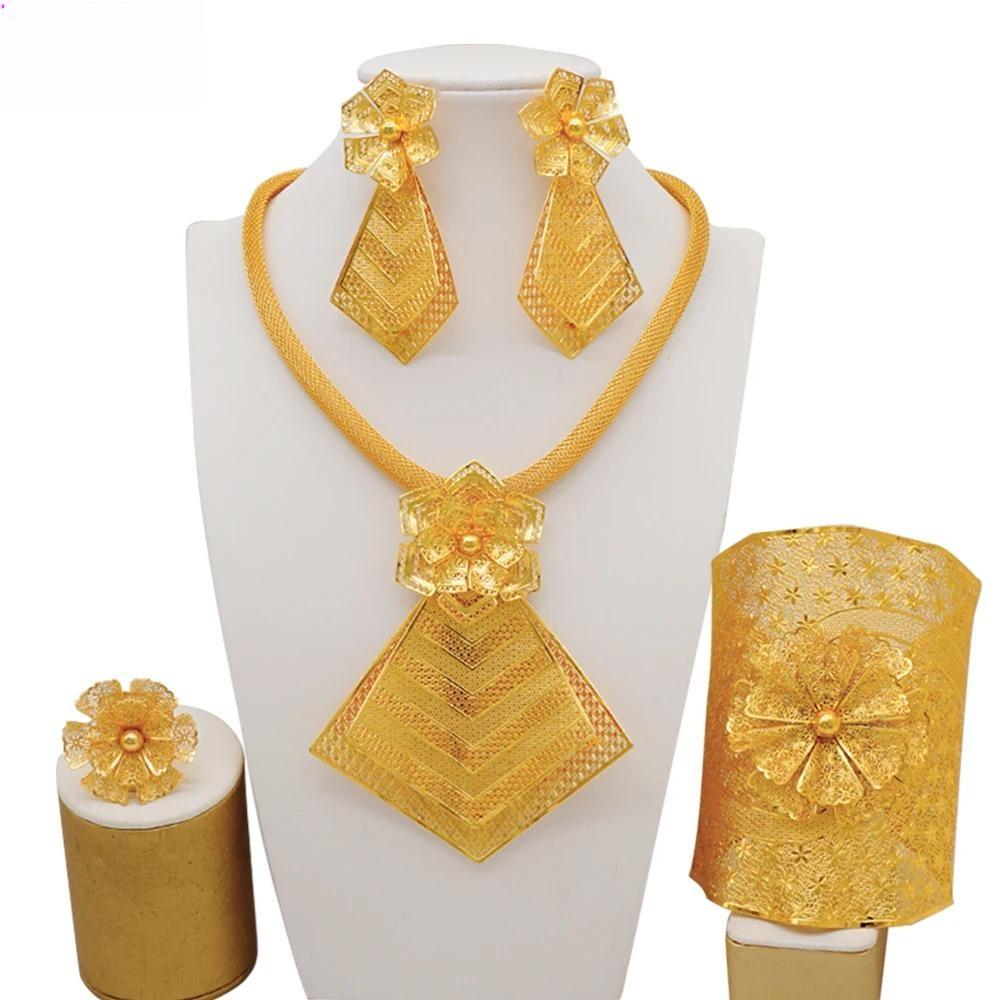 Fine Dubai Big Flower Pendant Indian Necklace&Earring Jewelry Sets For Women