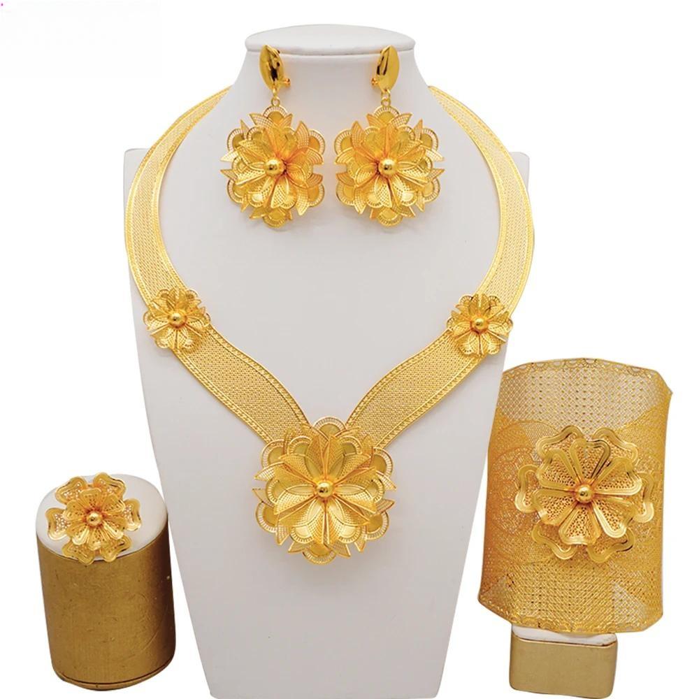 Fine Dubai Big Flower Pendant Indian Necklace&Earring Jewelry Sets For Women