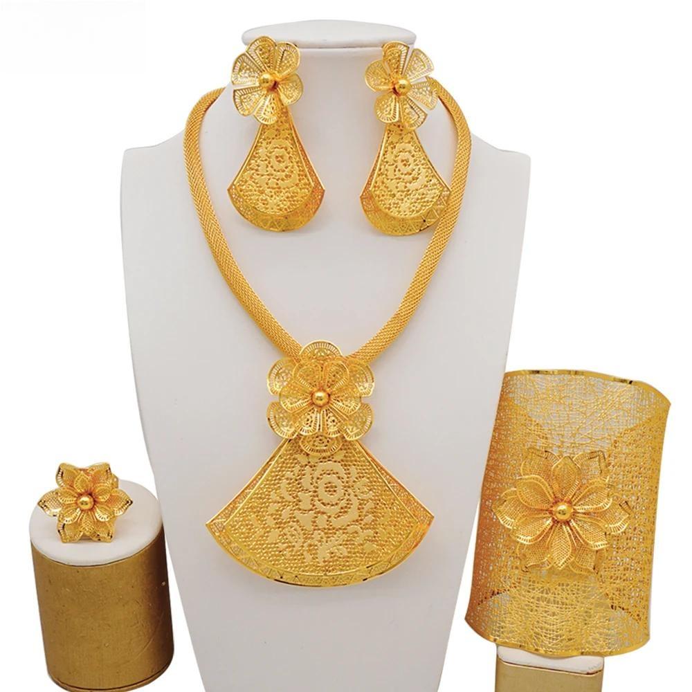 Fine Dubai Big Flower Pendant Indian Necklace&Earring Jewelry Sets For Women