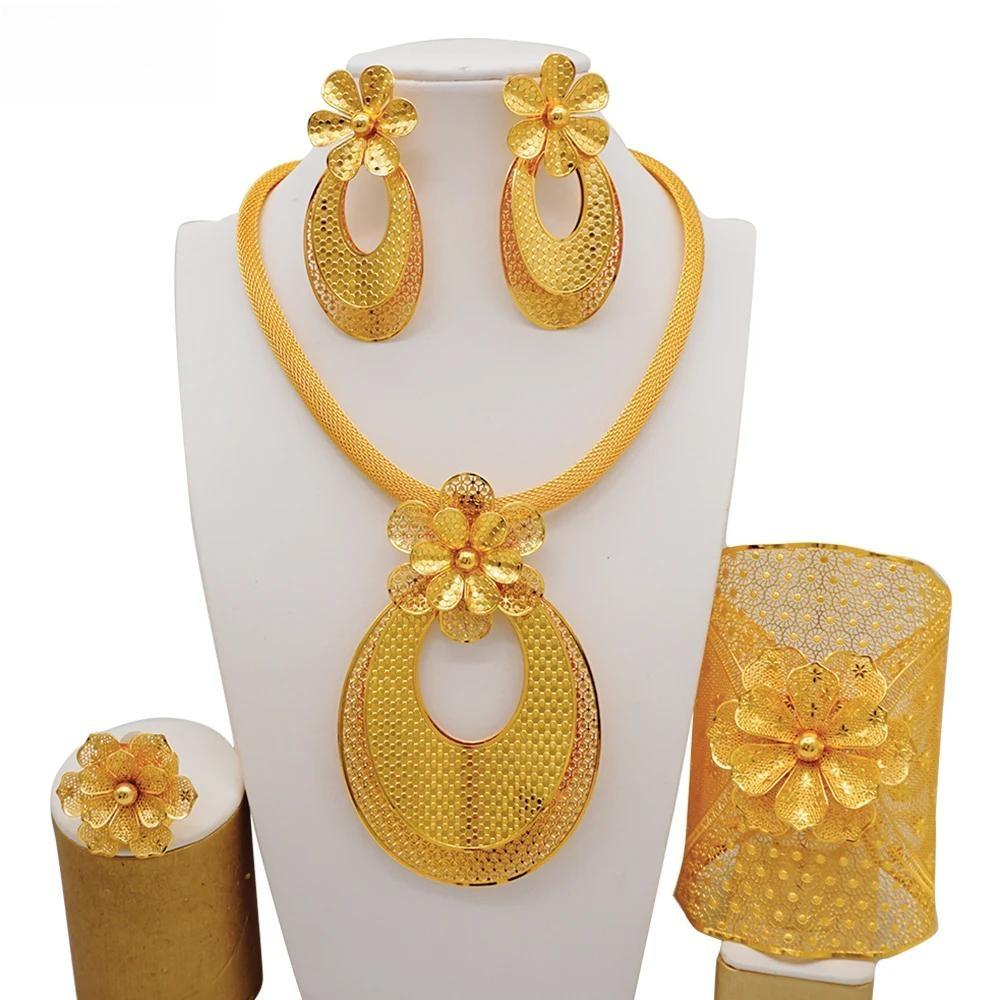 Fine Dubai Big Flower Pendant Indian Necklace&Earring Jewelry Sets For Women