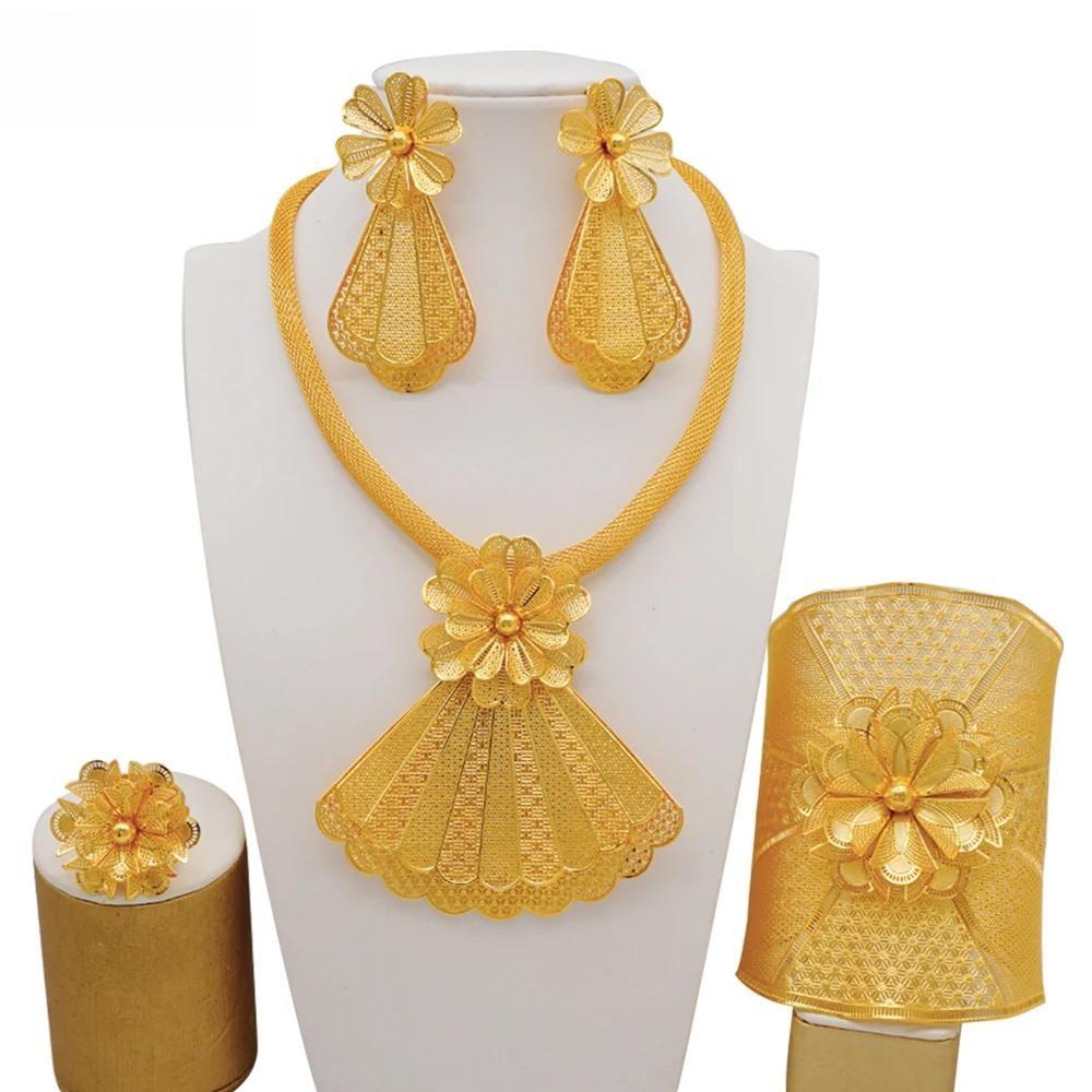 Fine Dubai Big Flower Pendant Indian Necklace&Earring Jewelry Sets For Women