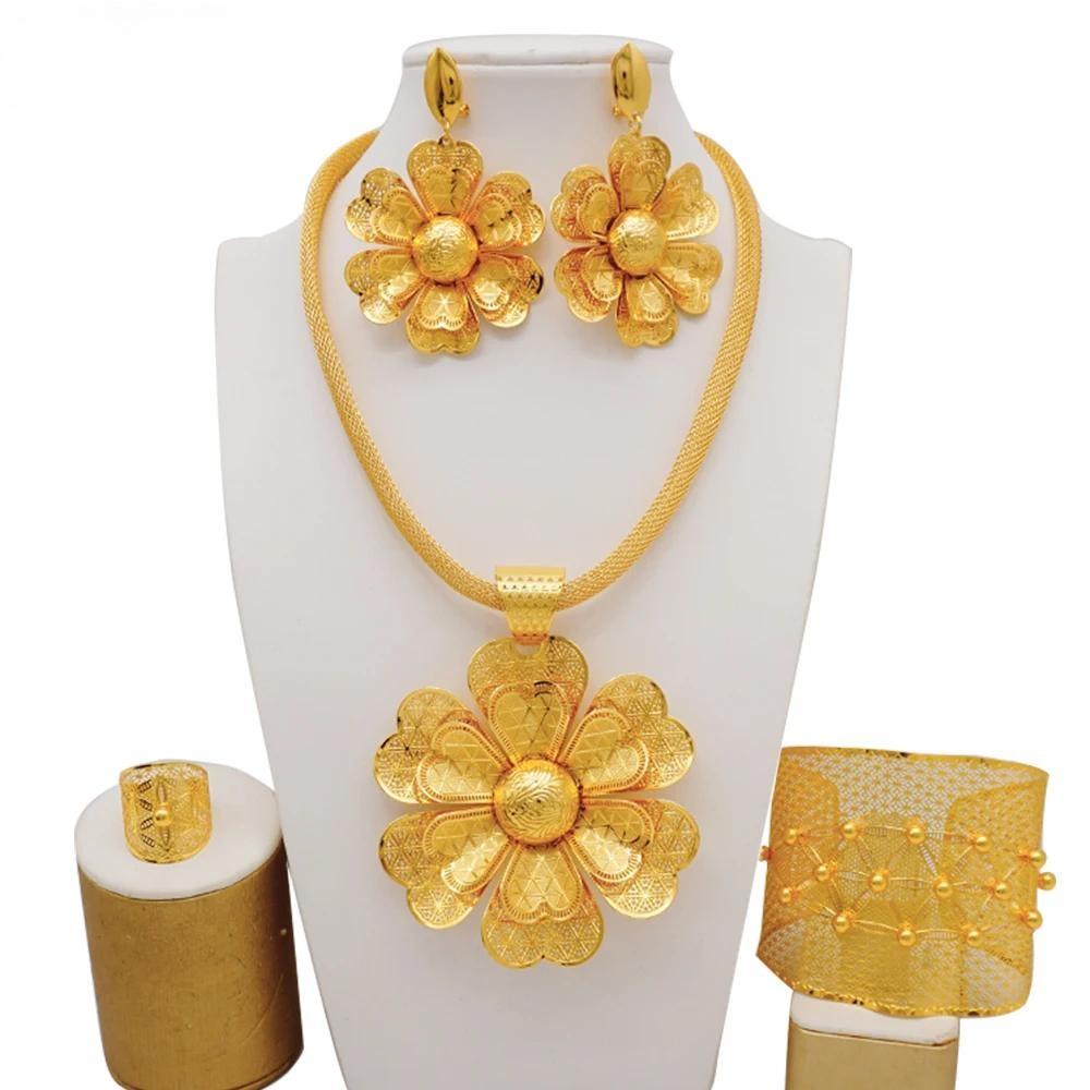 Fine Dubai Big Flower Pendant Indian Necklace&Earring Jewelry Sets For Women