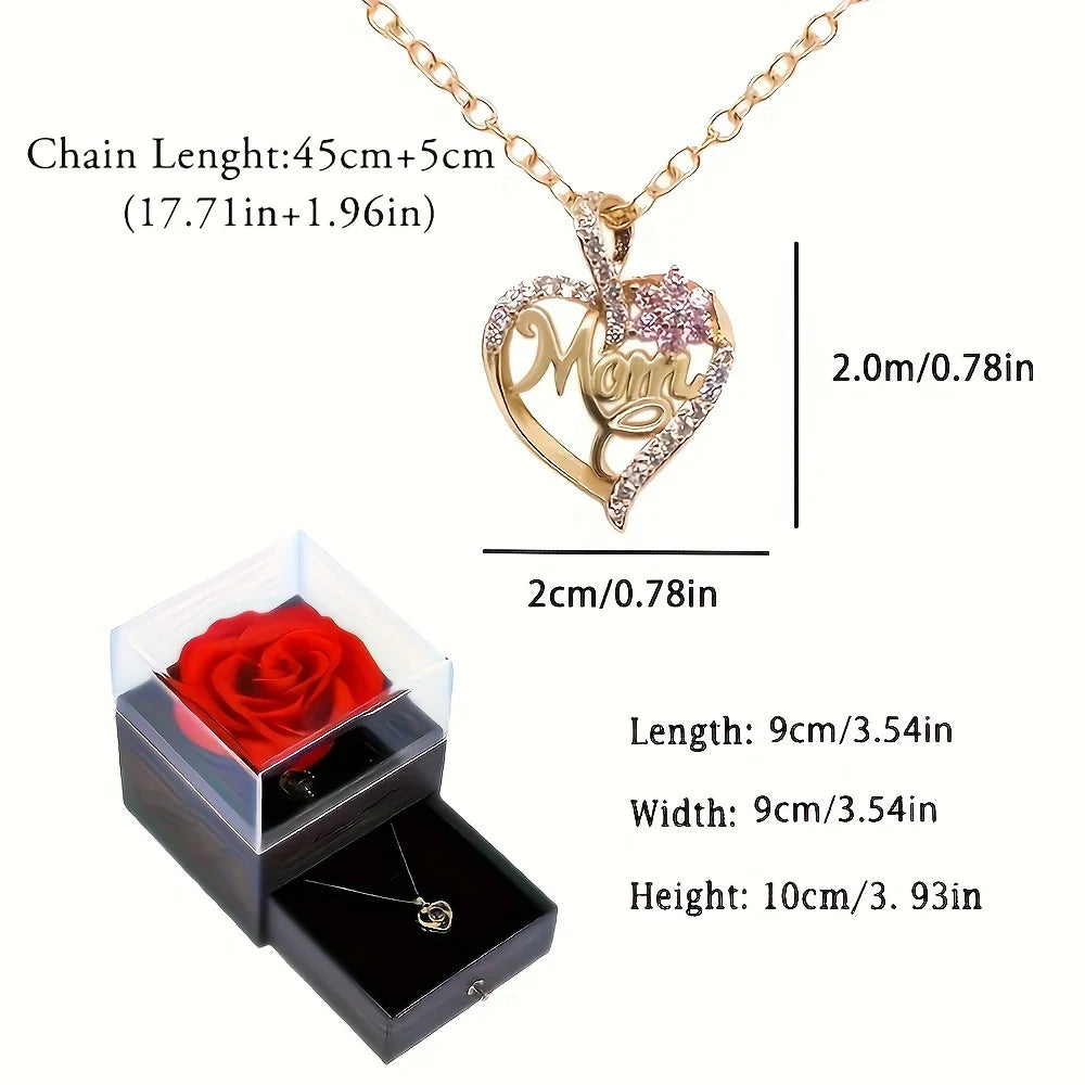 Mom Heart Pendant Necklace With Rose Gift Box For Mom Birthday Christmas Romantic Gift