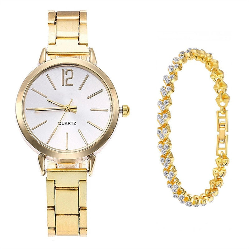 2pcs Set Watch Luxury Women Fashion Gold Bracelet Quartz Wristwatch