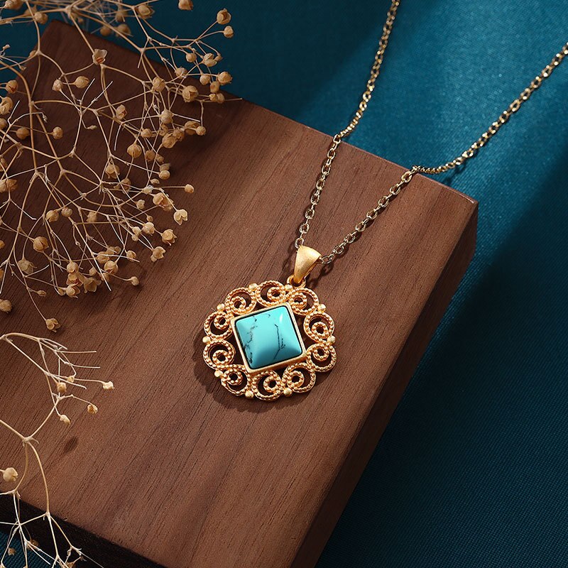 New in Chinese-inspired cutout design Ancient gold craft inlay turquoise necklace pendant