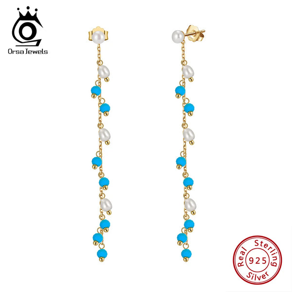 925 Sterling Silver Dangle Long Chains Turquoise Earrings for Women