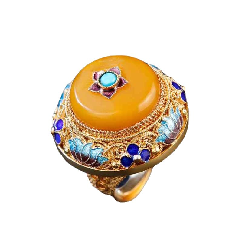 Ancient gold craftsmanship natural yellow chalcedony lotus enamel porcelain rings for women