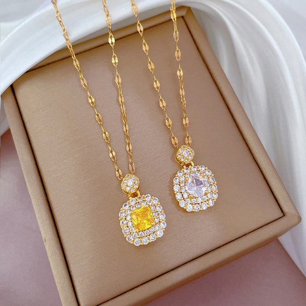 Gold Plated Sparkling Full Crystal Square  Necklace Women