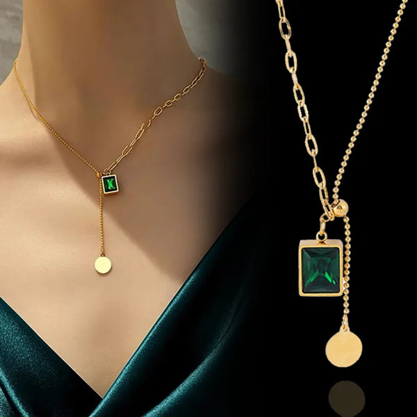 Stainless Steel Vintage Square Green Cubic Zirconia Pendant Necklaces for Women