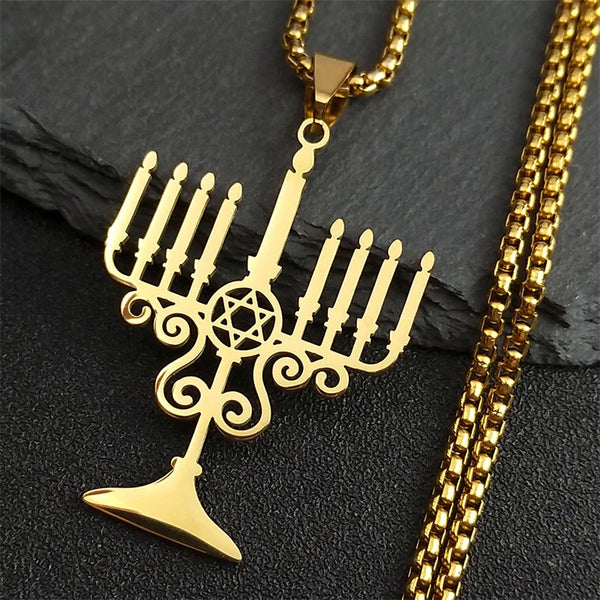 Judaica Israel Lamp Hanukkah Menorah Necklace for Women Men