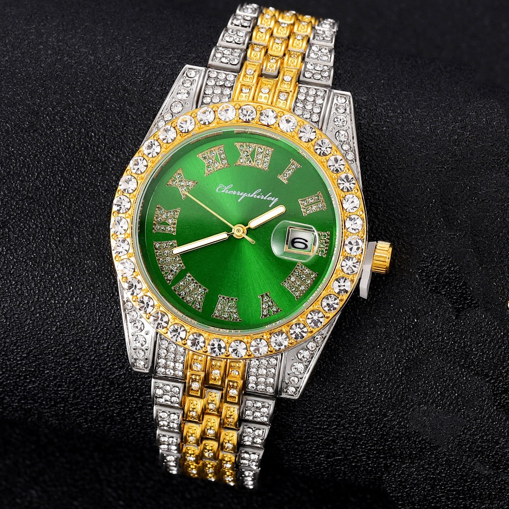 Iced Out Diamond Watch Quartz Gold Silver Color Micro  Stainless Steel Watch