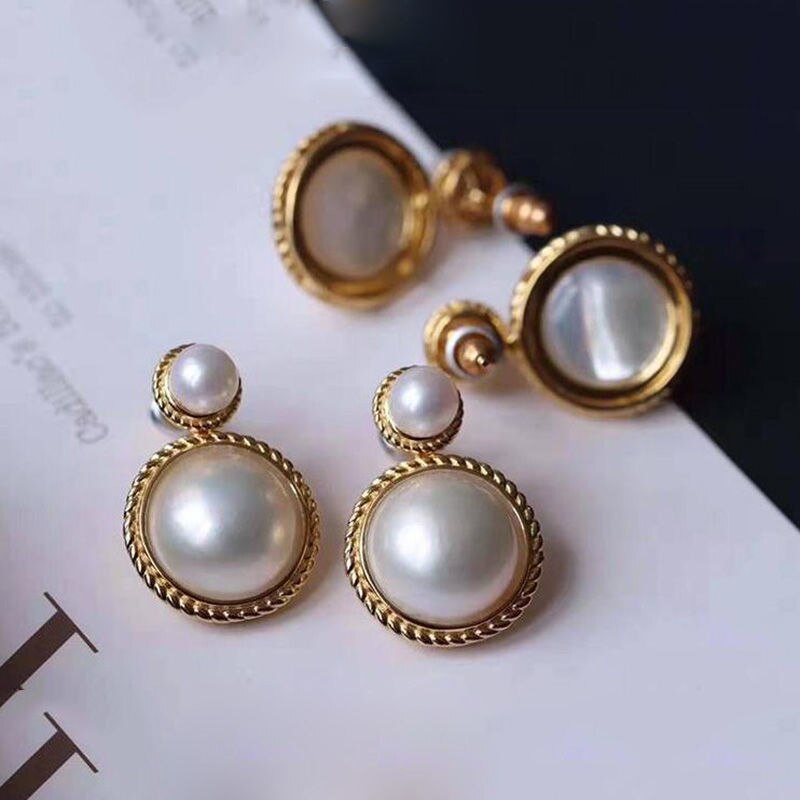 original silver inlaid round pearl earrings