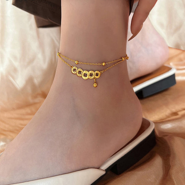 Gold Color Double Layer Coin Shaped Anklet for Women