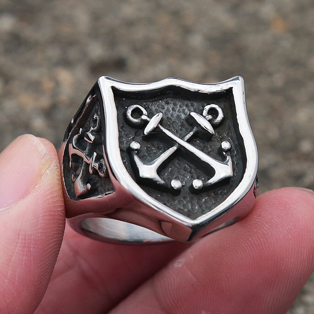 Vintage Men Viking Anchor Ring Unique Pirate Shield Anchor Biker Ring