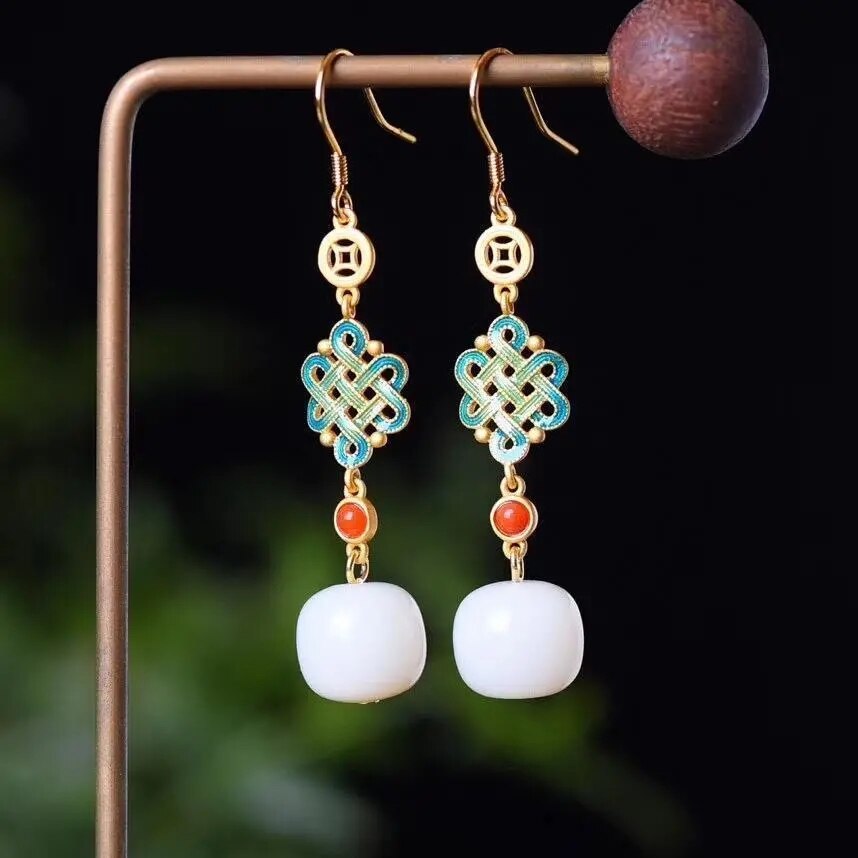 Natural Hetian  jade enamel porcelain Earrings