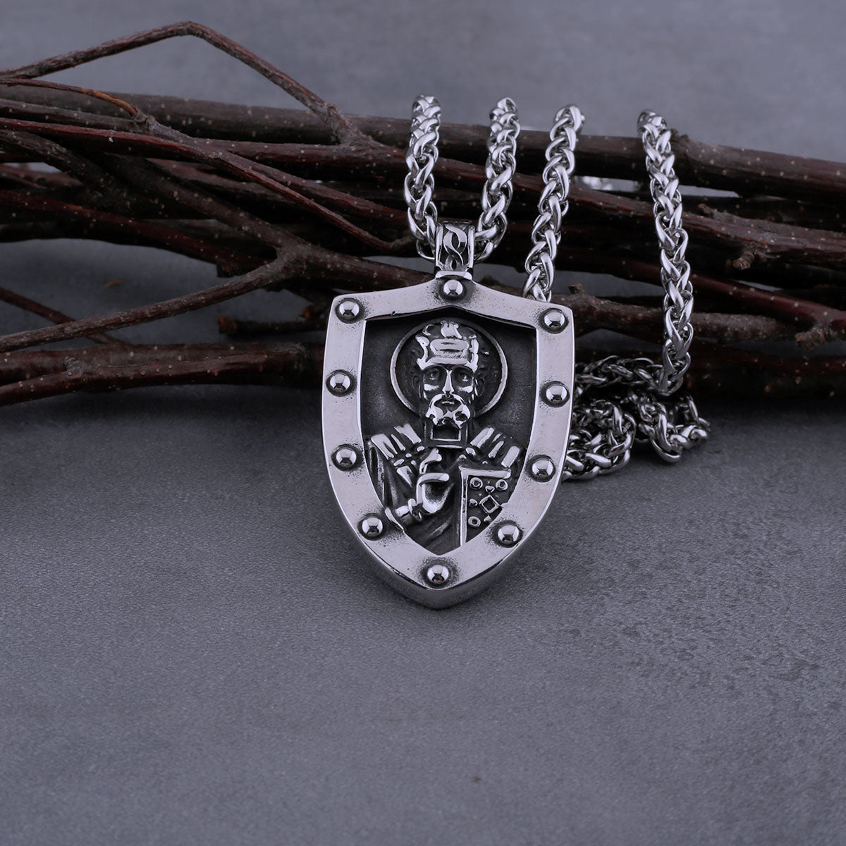 Stainless Steel Saint Nicholas Christian Necklace Men's