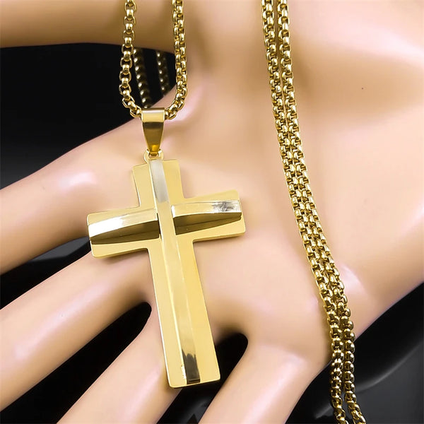 Punk Cross Pendant Necklace for Men Stainless Steel Gold Color Heavy Male Prayer Link Chain