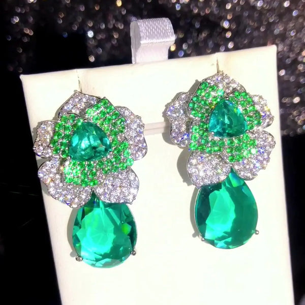 Luxury Green CZ Pendant Earrings for Women Gorgeous Fine Jewelry