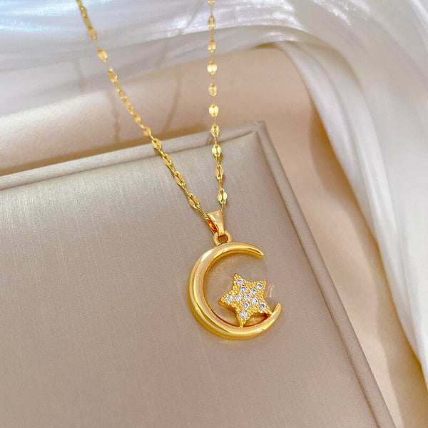 Gold Plated New Trendy Zircon Star Moon Pendant Necklace For Women