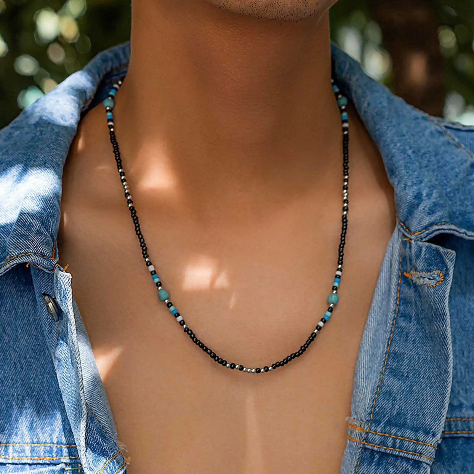 Synthetic Turquoise Necklaces for Men Boys,Mini Back Bead Necklace