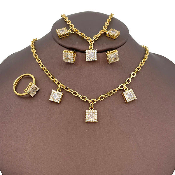 Rhinestone Tiny Chain Necklace Rectangle Shape Alloy Bracelet Earring Ring Set For Women