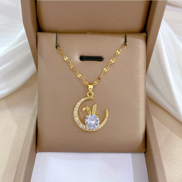 Korean Rabbit On The Moon Crystal Pendant Necklace For Women