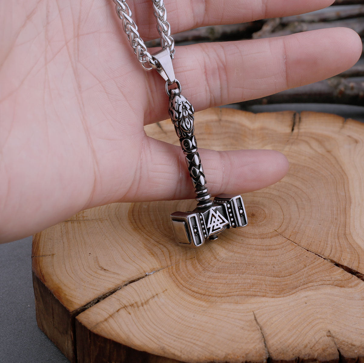 Stainless Steel Vintage Viking Thor's Hammer with Norwegian Rune Necklace Men's