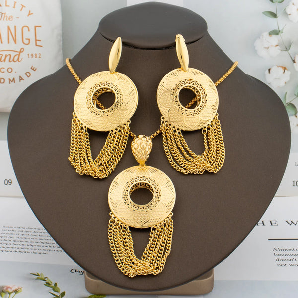 Trendy Jewelry Set for Women Hollow Round Pendant Earring Italy Necklace Chain