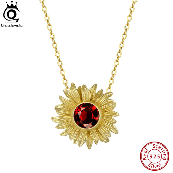 Genuine Natural Garnet 925 Silver Sunflower Design Pendant Necklace for Women