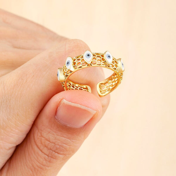 Turkish Lucky Evil Eye Zircon Rings Women Gold Plated Open Adjustable Finger Ring