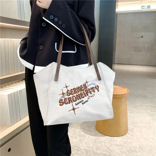 Embroidered Letter Canvas Commuting Shoulder Bag Women's