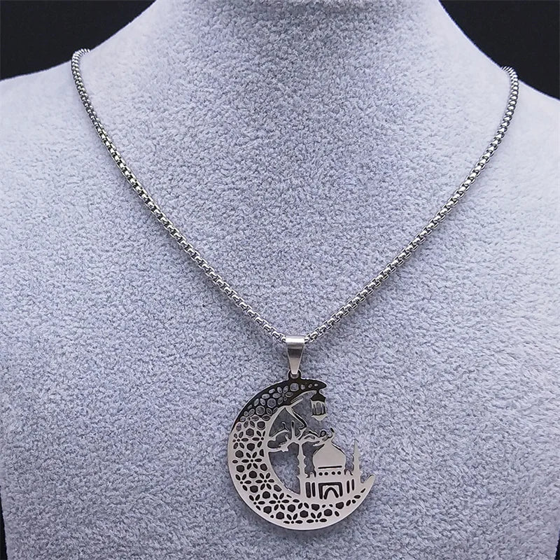 Islamic Mosque Muslim Necklace Stainless Steel Crescent Moon Quran Islam Necklaces