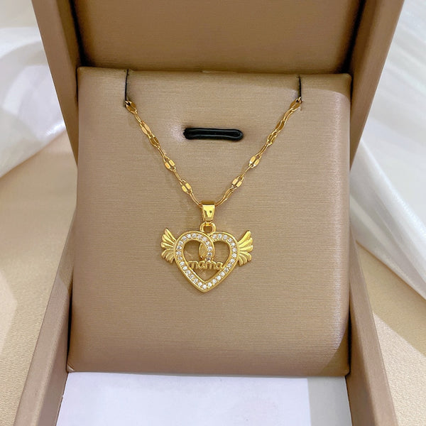 Gold Color Hollow Heart Angel Wings Pendant Necklace For Women