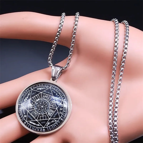 Seal of Seven Archangels Medal Stainless Steel Glass Necklace