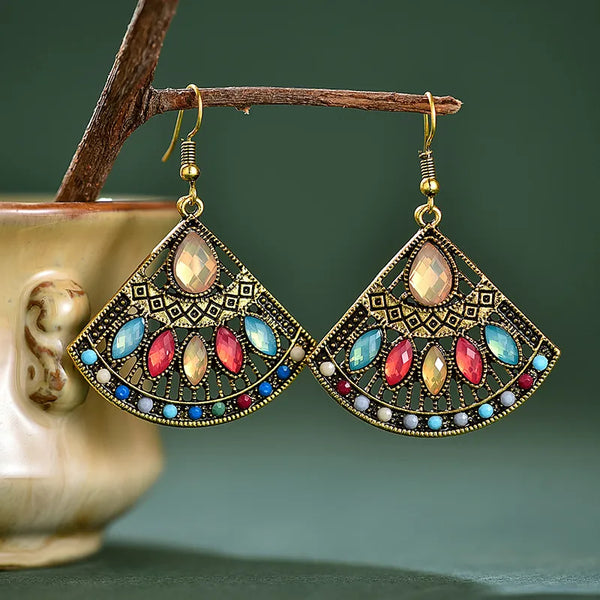 Bohemian Ethnic Colorful Fan Shaped Drop Earrings for Women