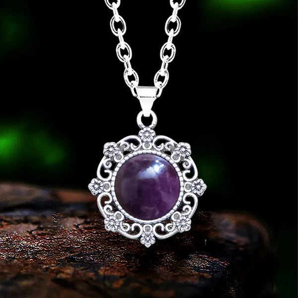 Vintage Flower Pendant Natural Stone Amethysts Necklace For Women