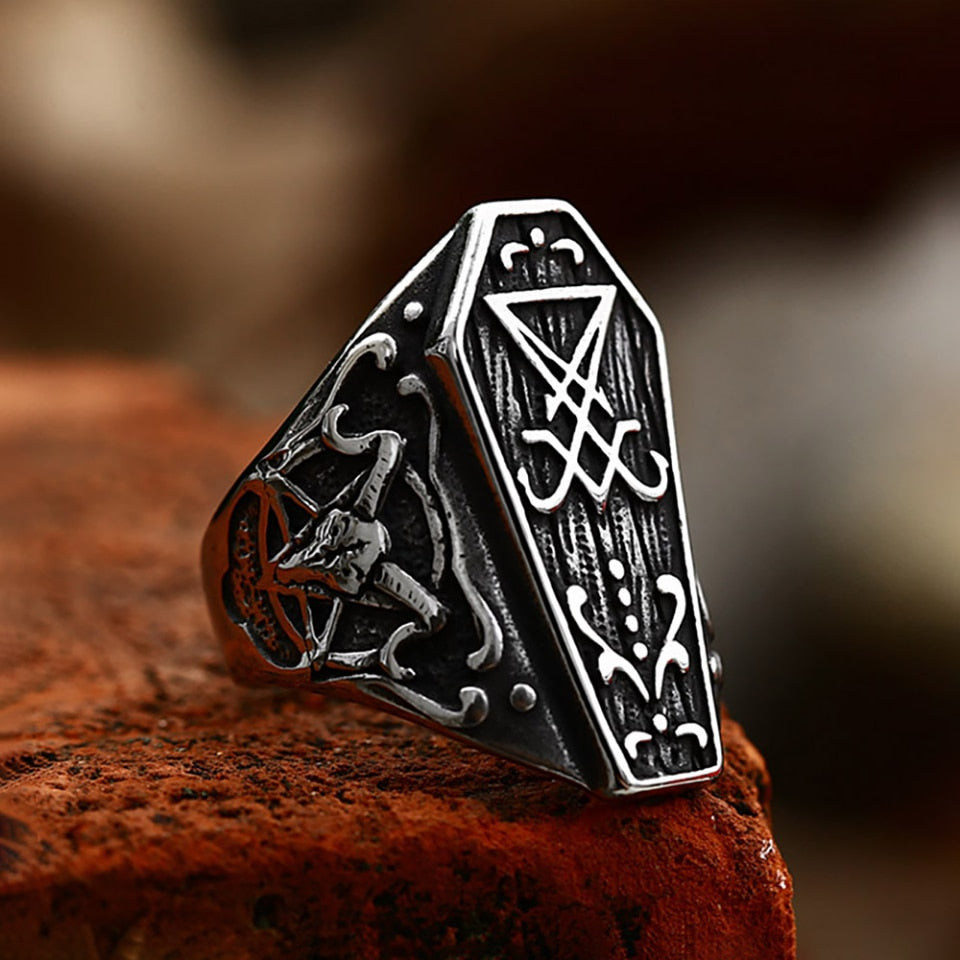 New Vintage Lucifer Satan Coffin Ring For Men Boys 316L Stainless Steel Sheep Head Rings