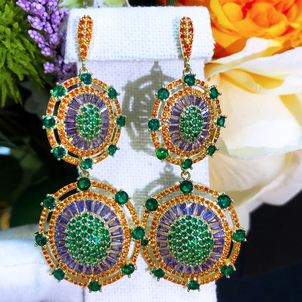 Green Pink Flower Pendant Earring for Women