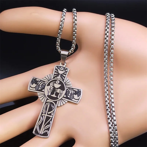 Christian Christ Eucharist Halo Grape Juice Cross Necklace Stainless Steel Men Women